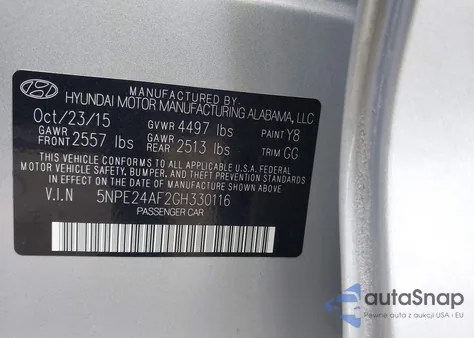2016 Hyundai Sonata Se z USA, uszkodzony, nr VIN 5NPE24AF2GH330116